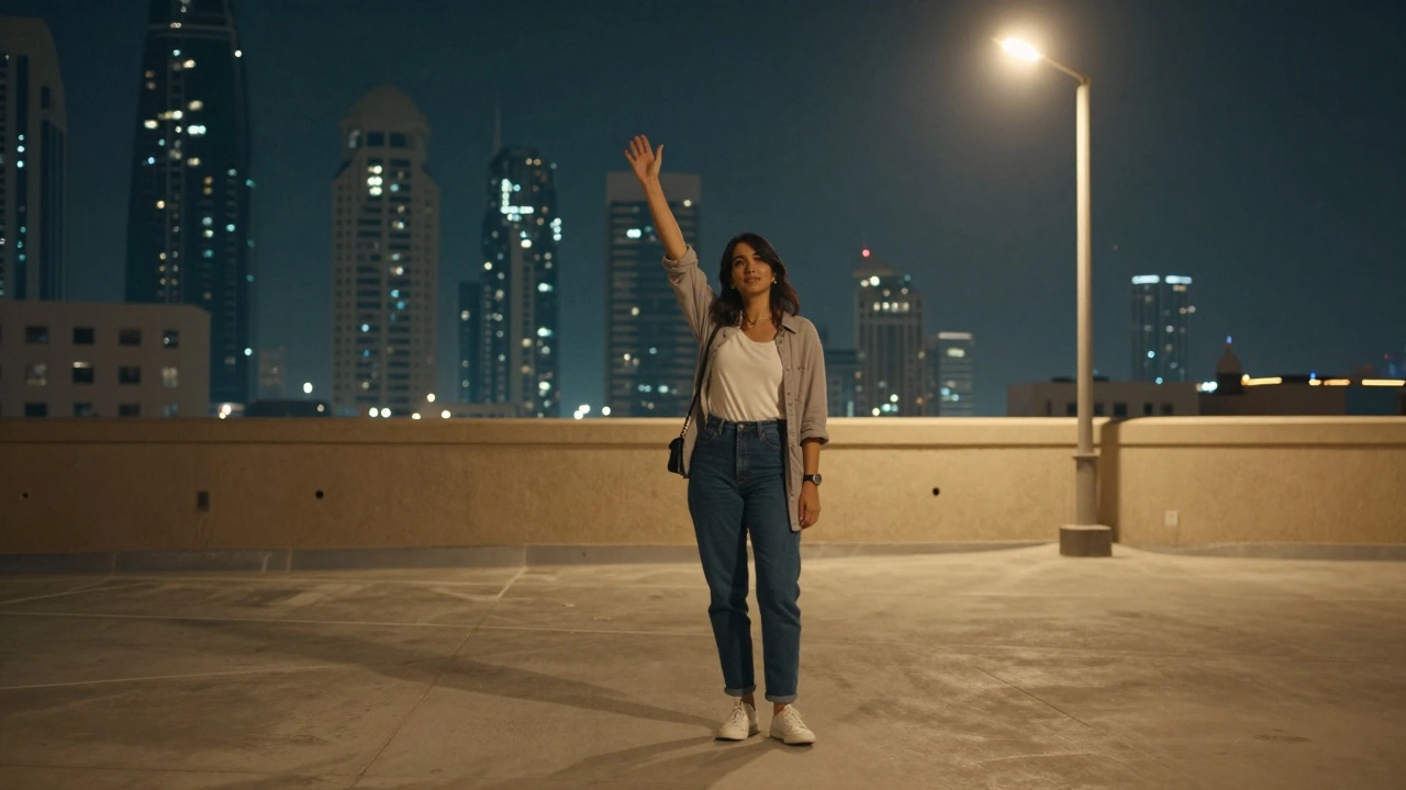 A lone woman on a city rooftop at night, one arm raised in a quiet wave toward the skyline.
