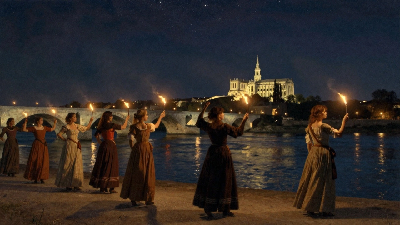 Silhouettes of women on a bridge at night, arms raised toward stars, river glimmering below.